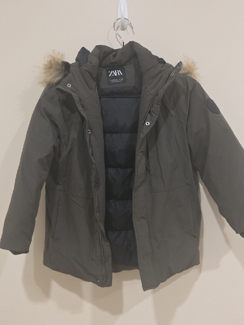 ZARA Olive Green Puffer Parka with Faux Fur Trim